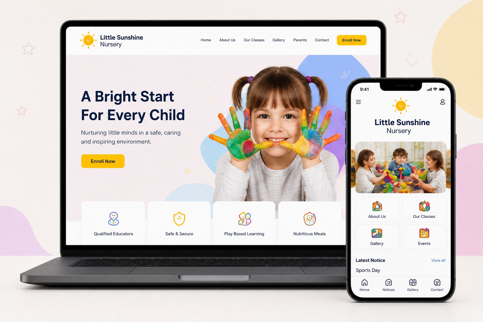 Example nursery website on a laptop and the matching parent app on a phone
